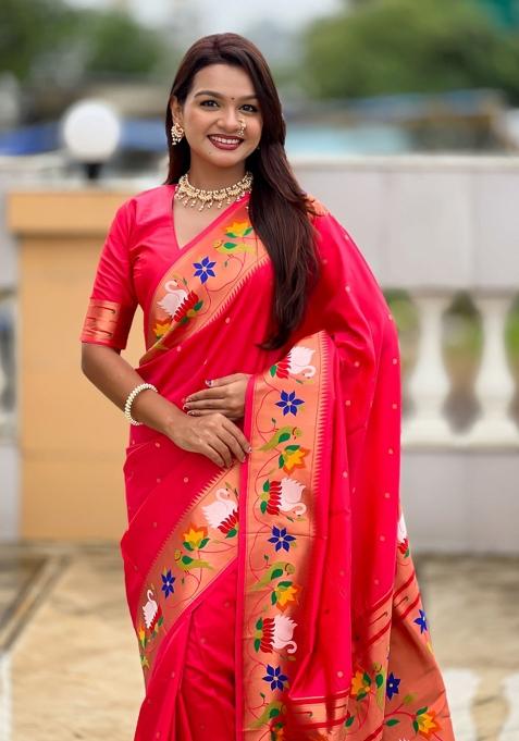 Pink Meenakari Jacquard Designer Silk Saree Set