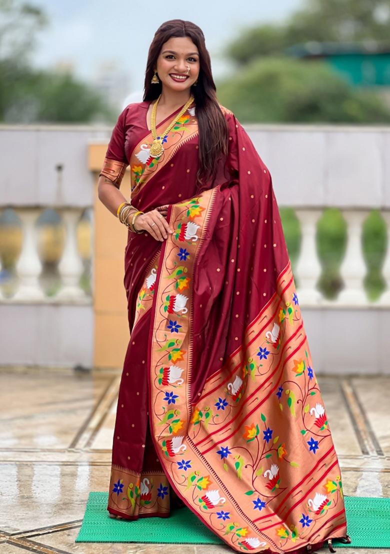 Maroon Meenakari Jacquard Designer Silk Saree Set