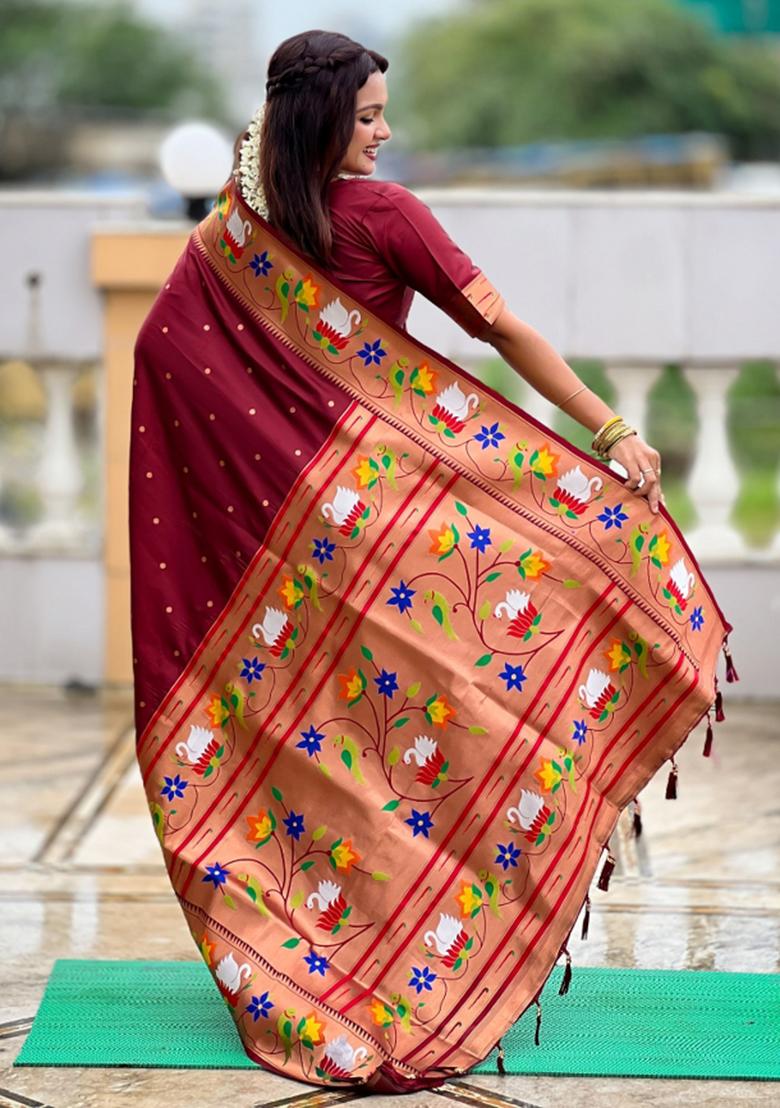 Maroon Meenakari Jacquard Designer Silk Saree Set
