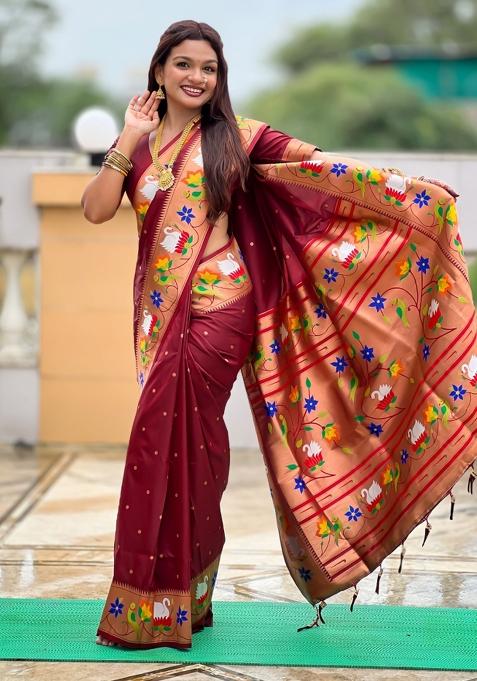Maroon Meenakari Jacquard Designer Silk Saree Set