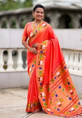 Orange Meenakari Jacquard Designer Silk Saree Set