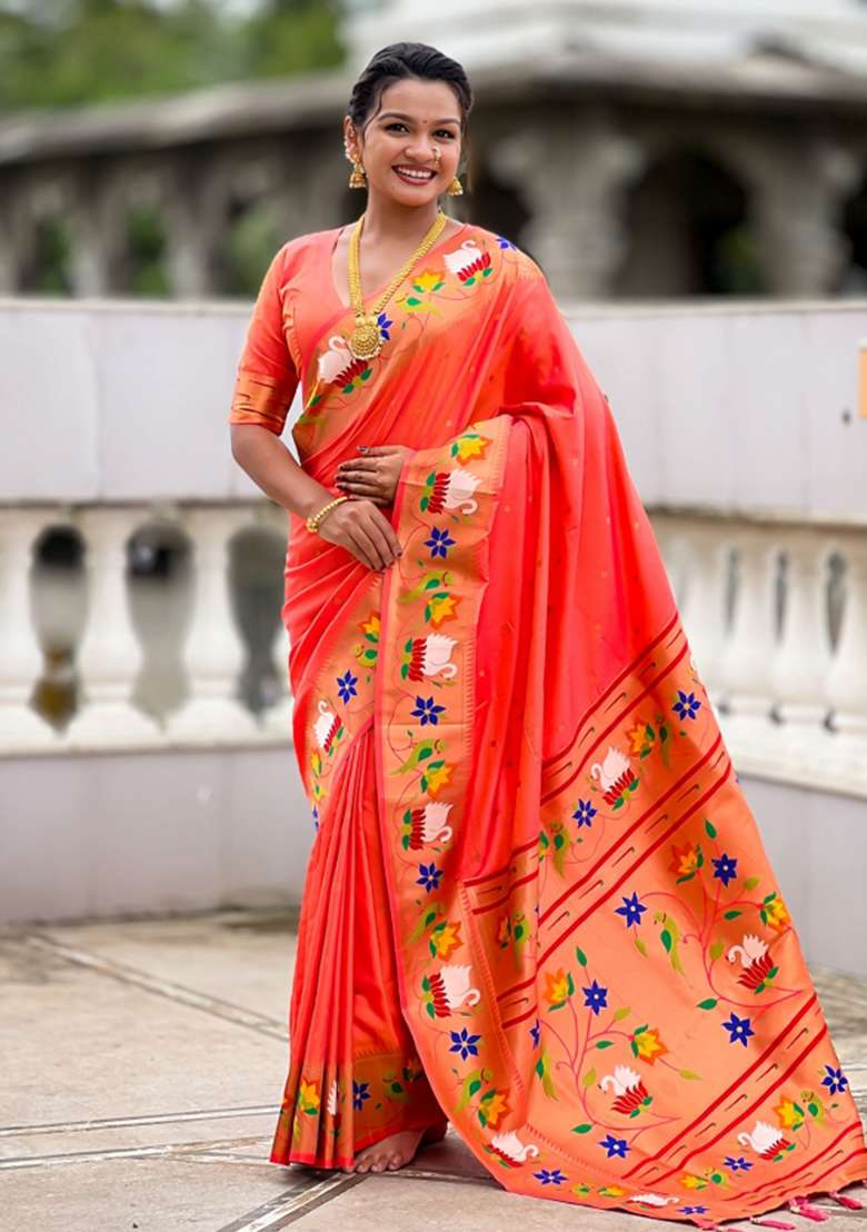 Orange Meenakari Jacquard Designer Silk Blend Saree Set for Diwali | Wedding & Festive Wear - Indya