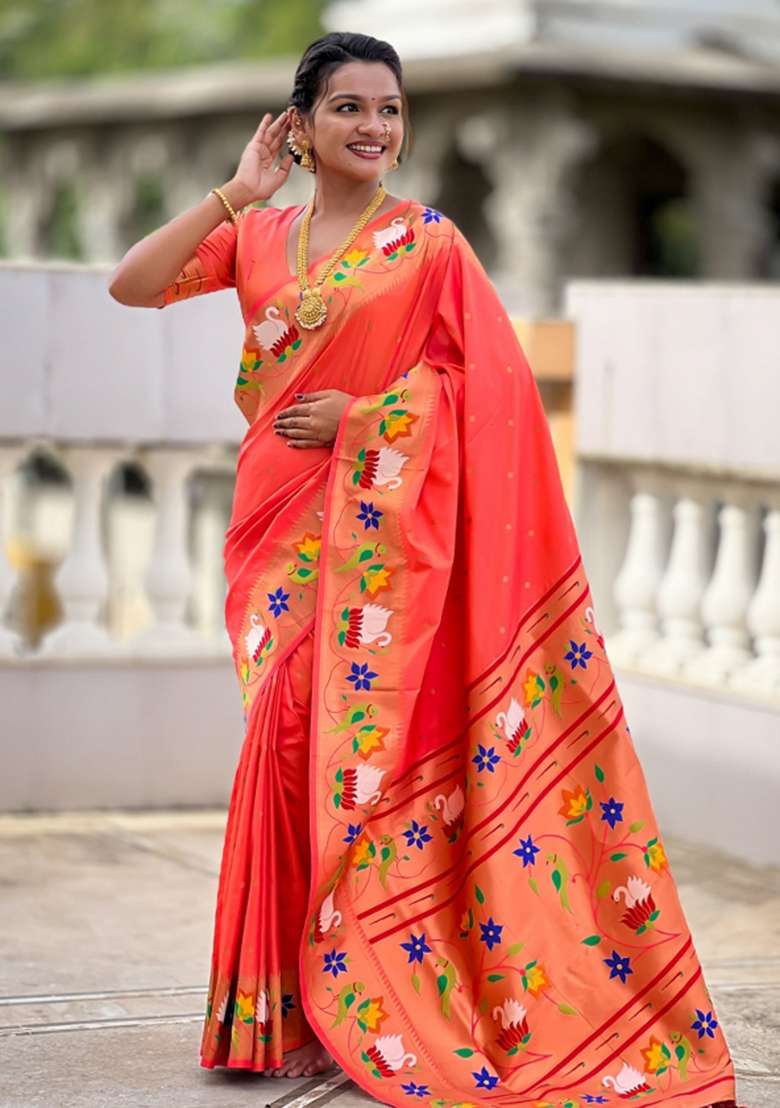 Orange Meenakari Jacquard Designer Silk Blend Saree Set for Diwali | Wedding & Festive Wear - Indya