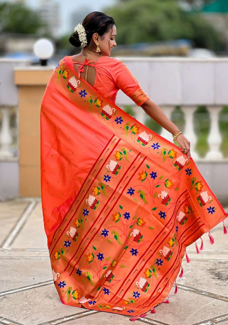 Orange Meenakari Jacquard Designer Silk Blend Saree Set for Diwali | Wedding & Festive Wear - Indya