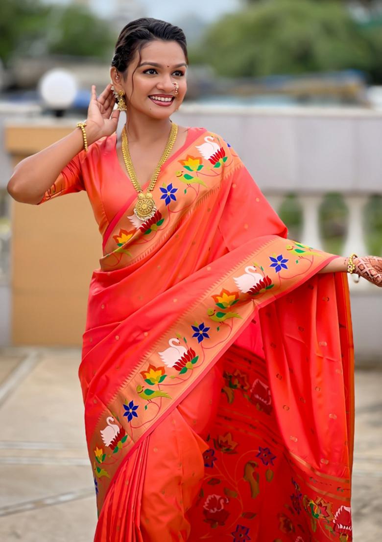 Orange Meenakari Jacquard Designer Silk Saree Set - Indya