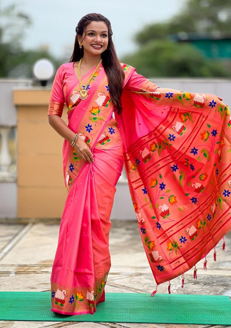 Pink Meenakari Jacquard Designer Silk Saree Set