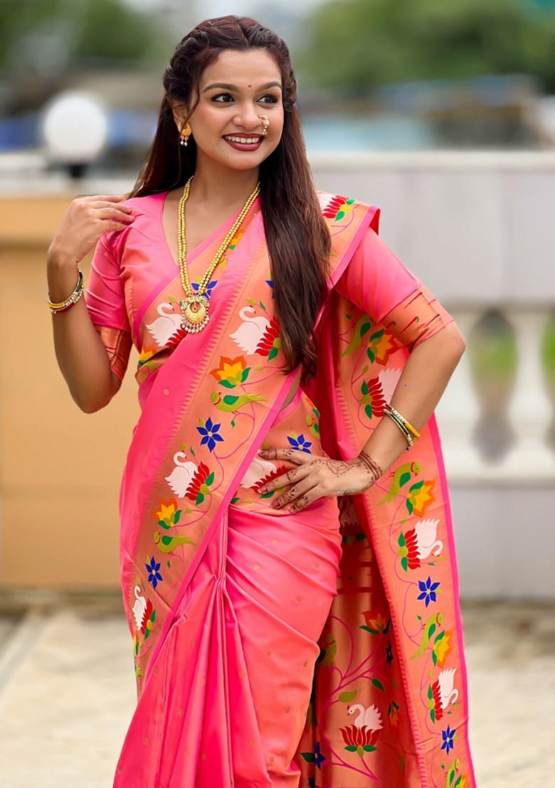 Pink Meenakari Jacquard Designer Silk Saree Set