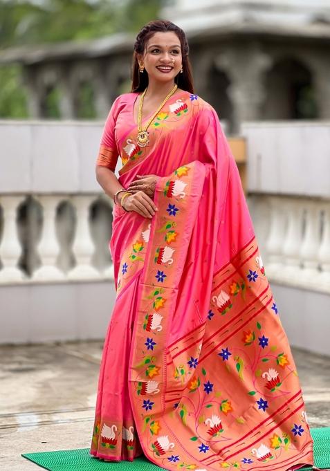 Pink Meenakari Jacquard Designer Silk Saree Set