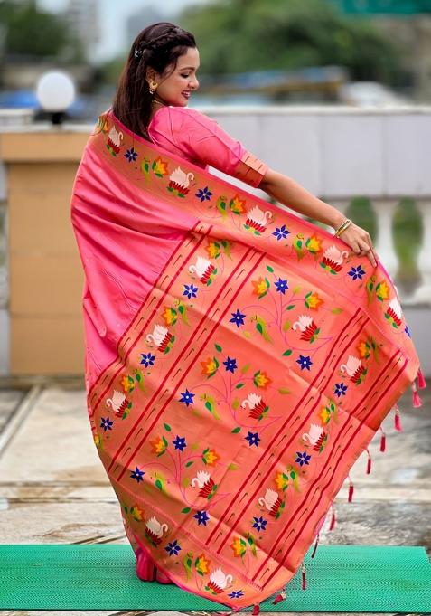 Pink Meenakari Jacquard Designer Silk Saree Set