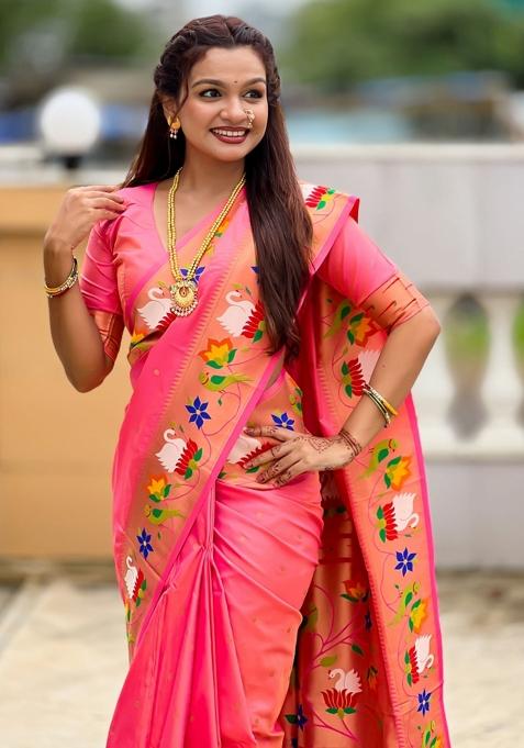 Pink Meenakari Jacquard Designer Silk Saree Set