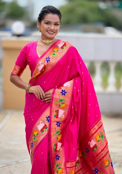 Pink Meenakari Jacquard Designer Silk Saree Set