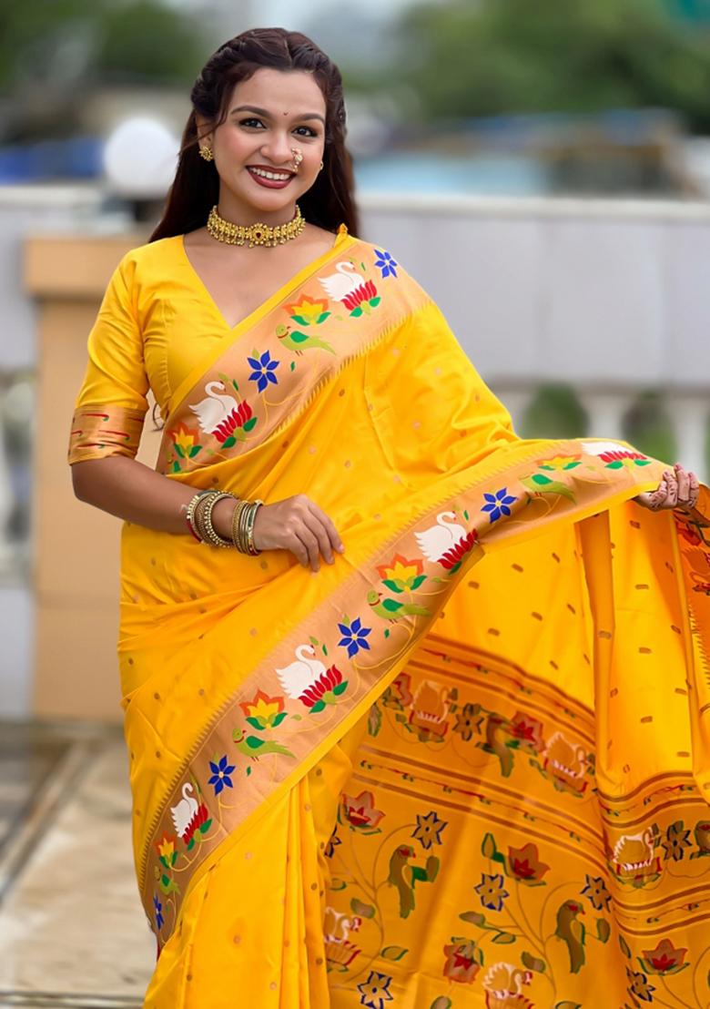 Yellow Meenakari Jacquard Designer Silk Saree Set
