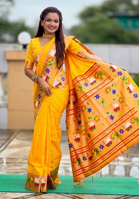 Yellow Meenakari Jacquard Designer Silk Saree Set