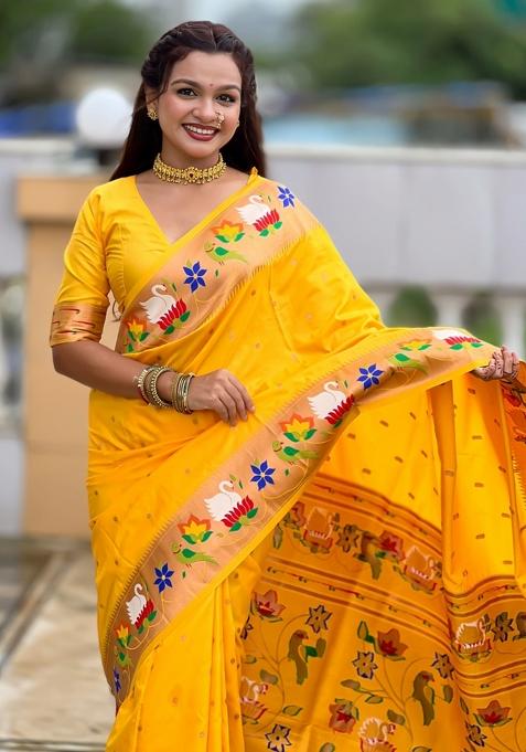 Yellow Meenakari Jacquard Designer Silk Saree Set