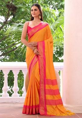 Orange Embroidered Silk Saree Set