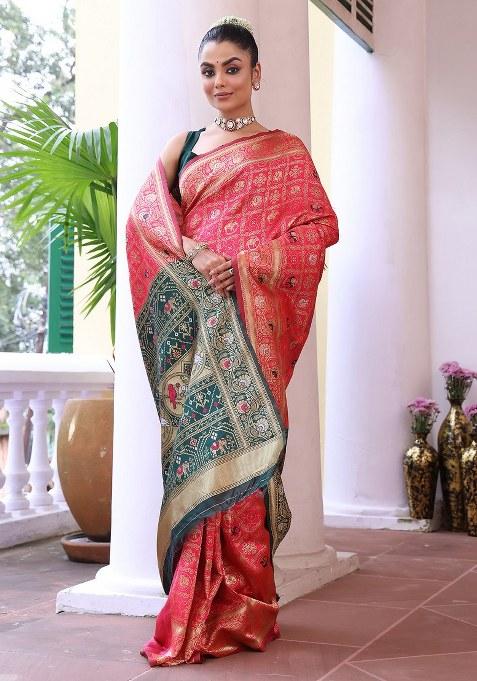 Pink Embroidered Silk Saree Set