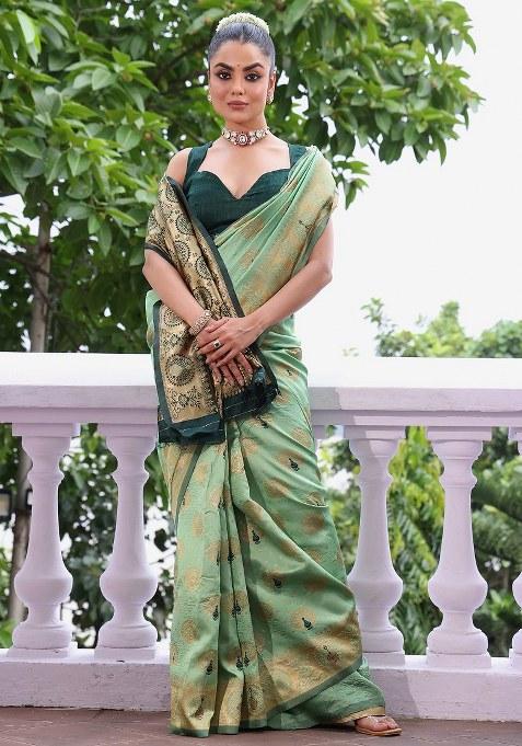 Green Embroidered Silk Saree Set