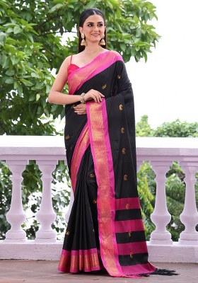 Black Embroidered Silk Saree Set