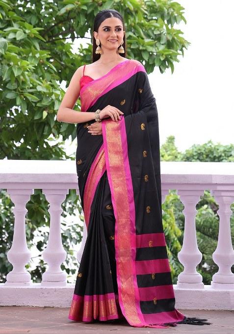 Black Embroidered Silk Saree Set