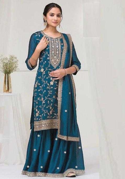 Blue Embroidered Silk Saree Set