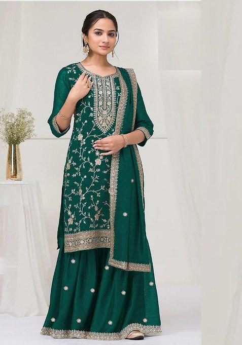 Green Embroidered Silk Saree Set