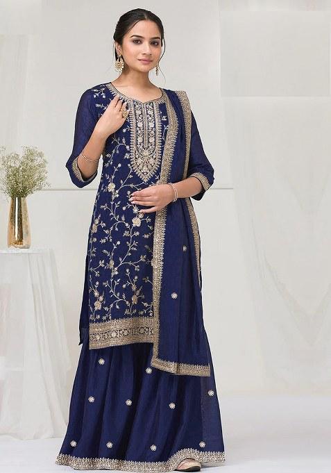 Blue Embroidered Silk Saree Set