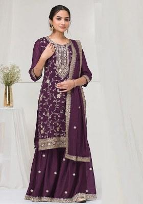 Purple Embroidered Silk Saree Set