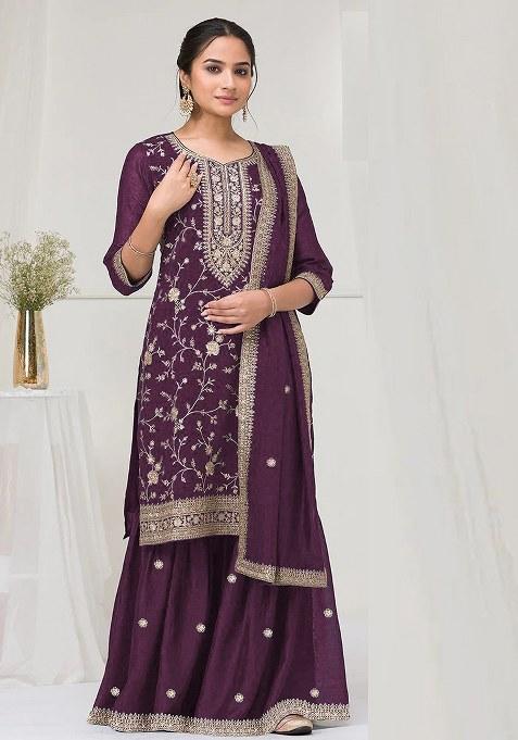 Purple Embroidered Silk Saree Set