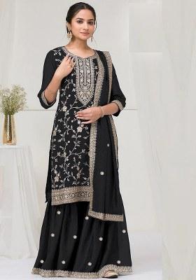 Black Embroidered Silk Saree Set