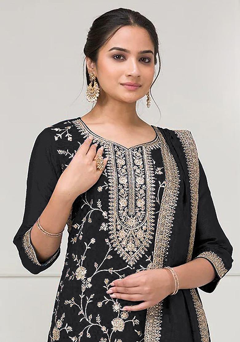Black Embroidered Silk Saree Set - Indya
