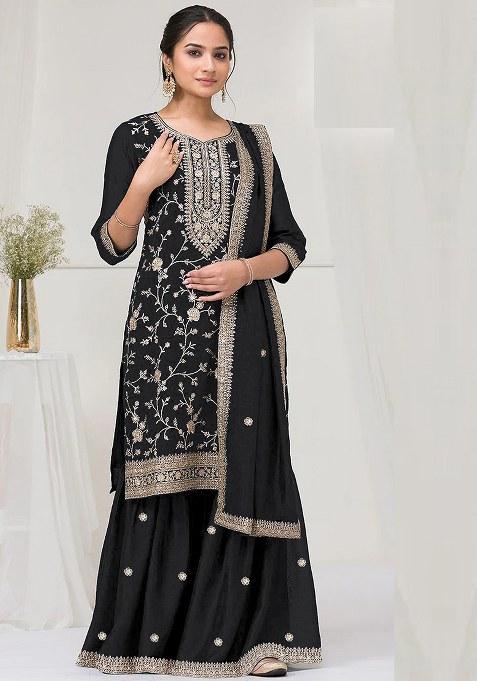 Black Embroidered Silk Saree Set