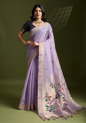 Purple Embroidered Cotton Saree Set