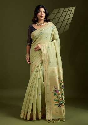 Green Cotton Saree Set with Embroidered for Diwali | Wedding & Festive Wear