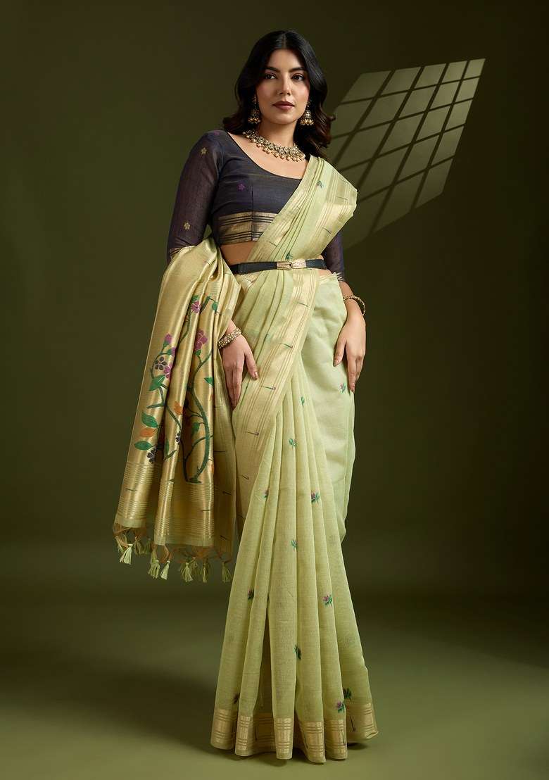 Green Cotton Saree Set with Embroidered for Diwali | Wedding & Festive Wear - Indya