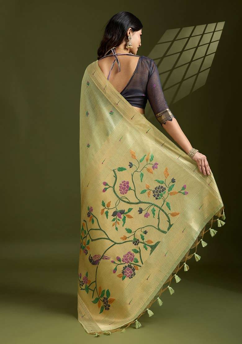 Green Cotton Saree Set with Embroidered for Diwali | Wedding & Festive Wear - Indya