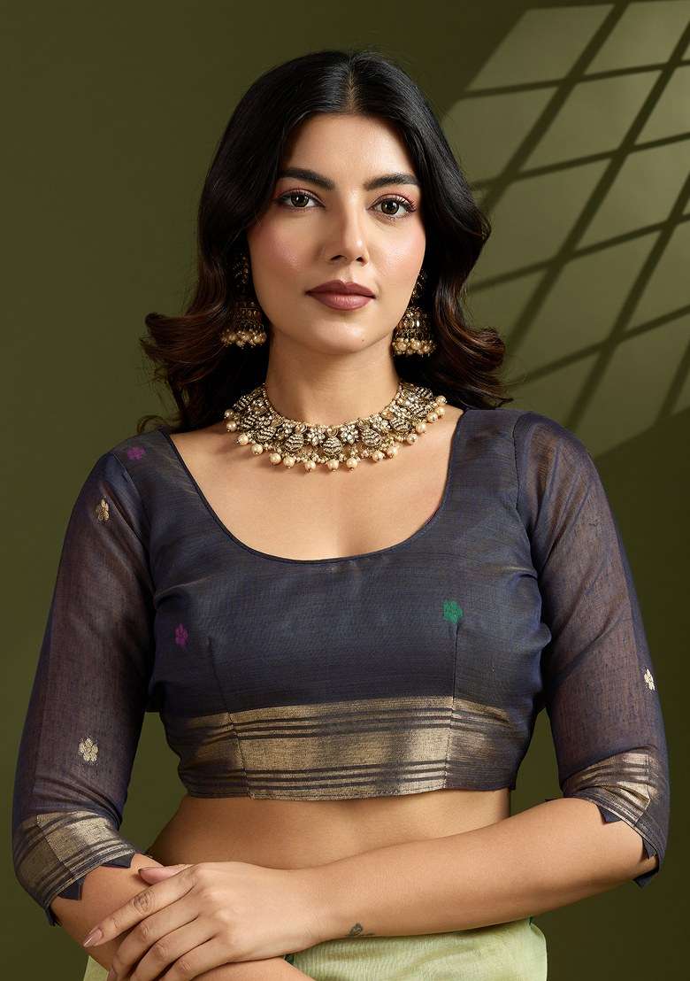 Green Cotton Saree Set with Embroidered for Diwali | Wedding & Festive Wear - Indya