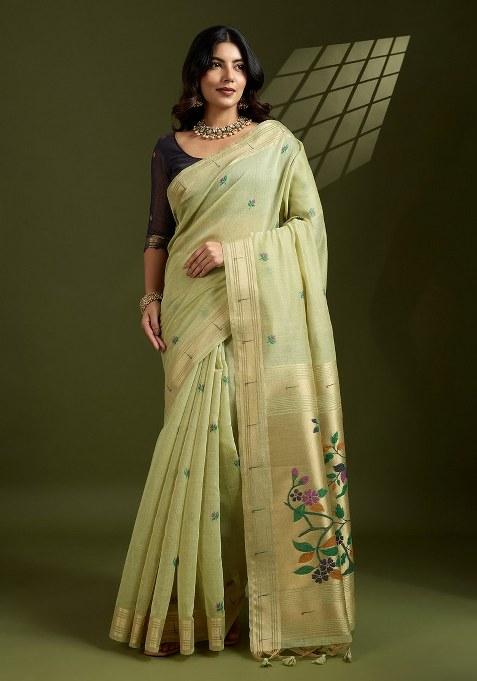 Green Embroidered Cotton Saree Set