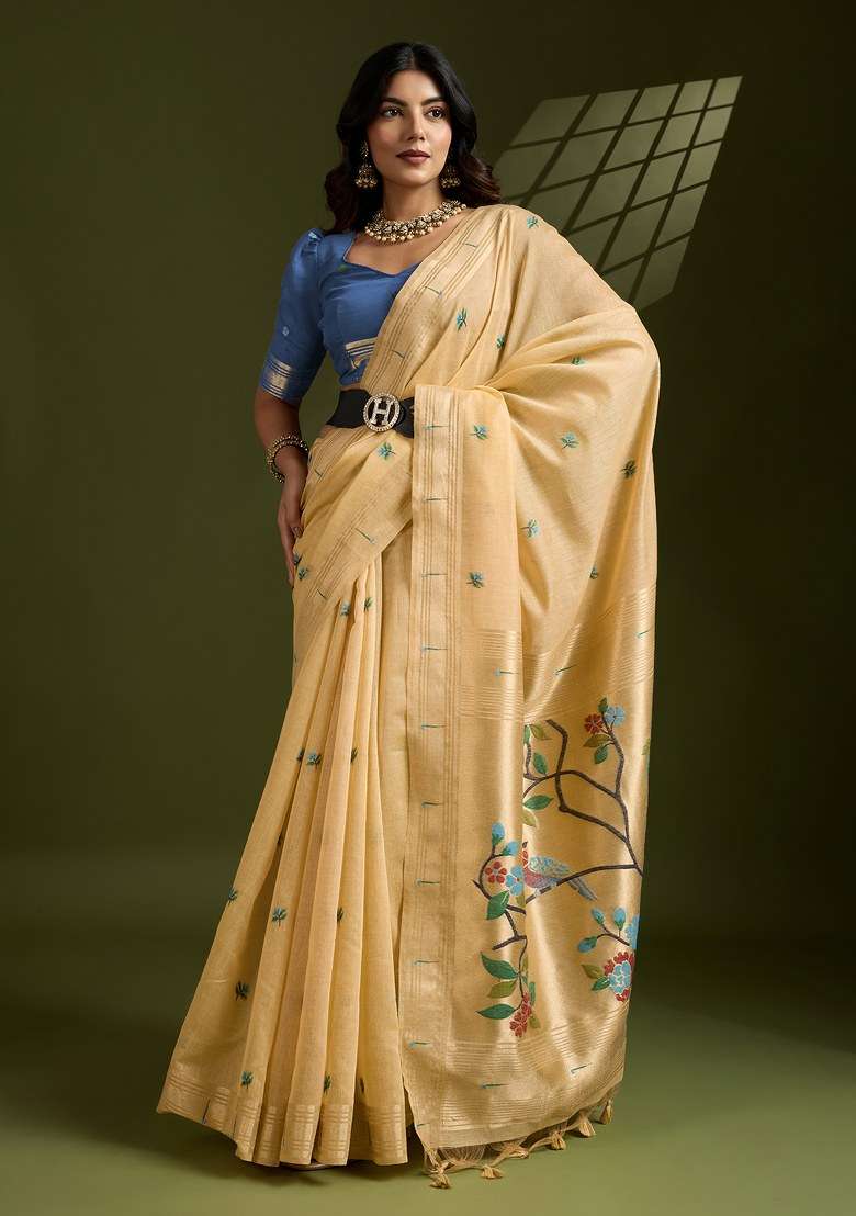 Yellow Embroidered Cotton Saree Set for Diwali and Festive Wear - Indya