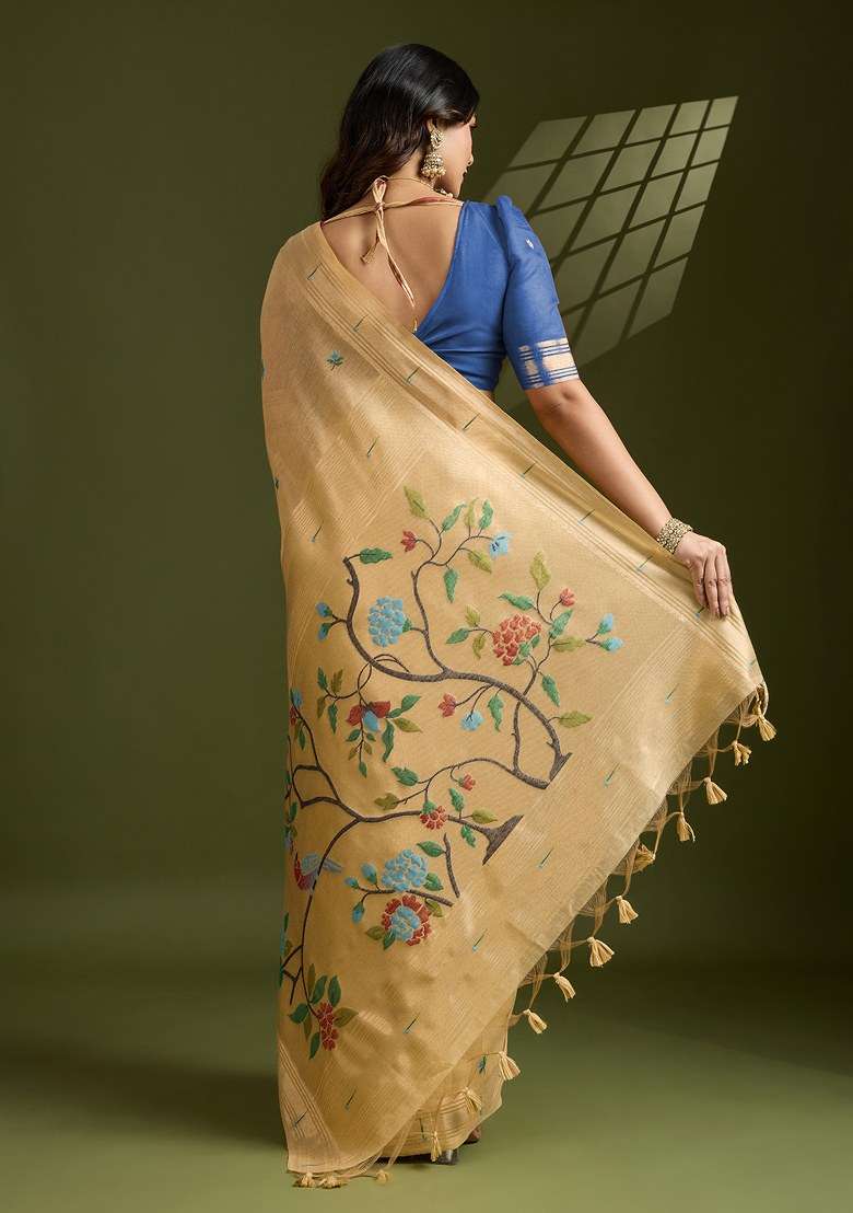 Yellow Embroidered Cotton Saree Set for Diwali and Festive Wear - Indya