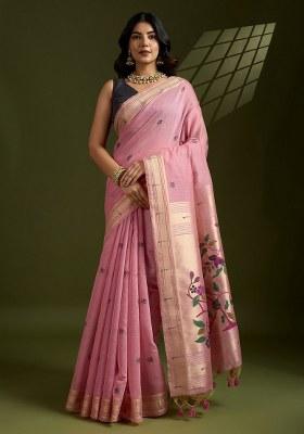 Pink Embroidered Cotton Saree Set