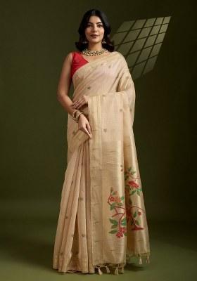Beige Embroidered Cotton Saree Set