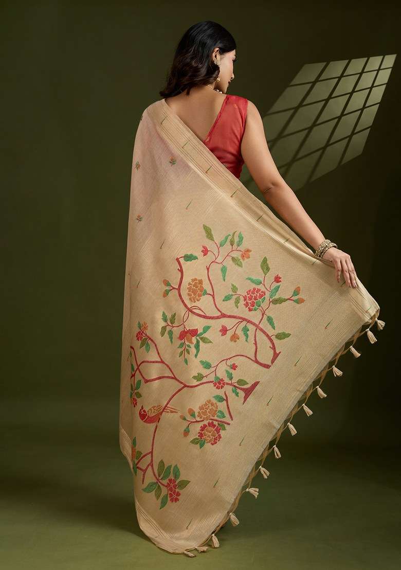 Beige Embroidered Cotton Saree Set for Diwali and Festive Wear - Indya