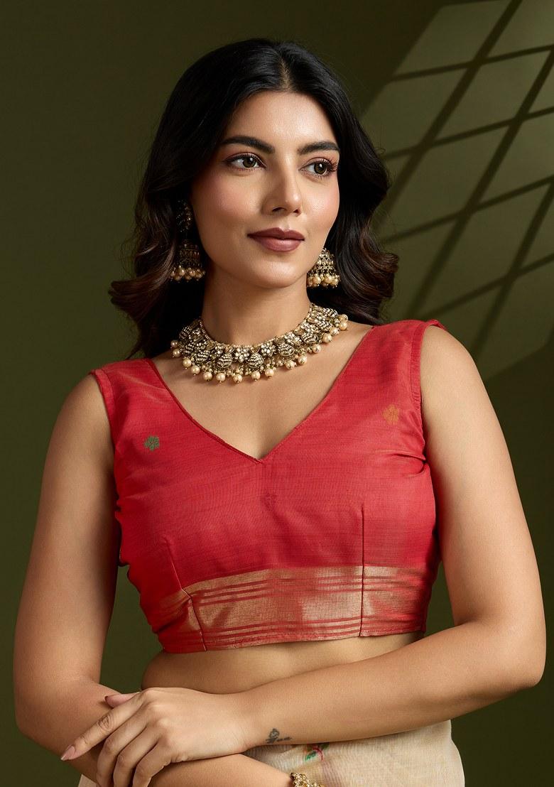 Beige Embroidered Cotton Saree Set - Indya