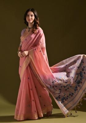 Pink Embroidered Cotton Saree Set