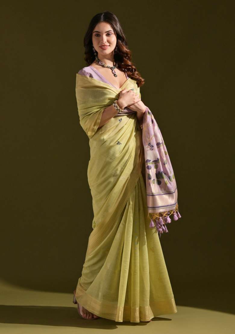 Green Embroidered Cotton Saree Set for Diwali and Festive Wear - Indya