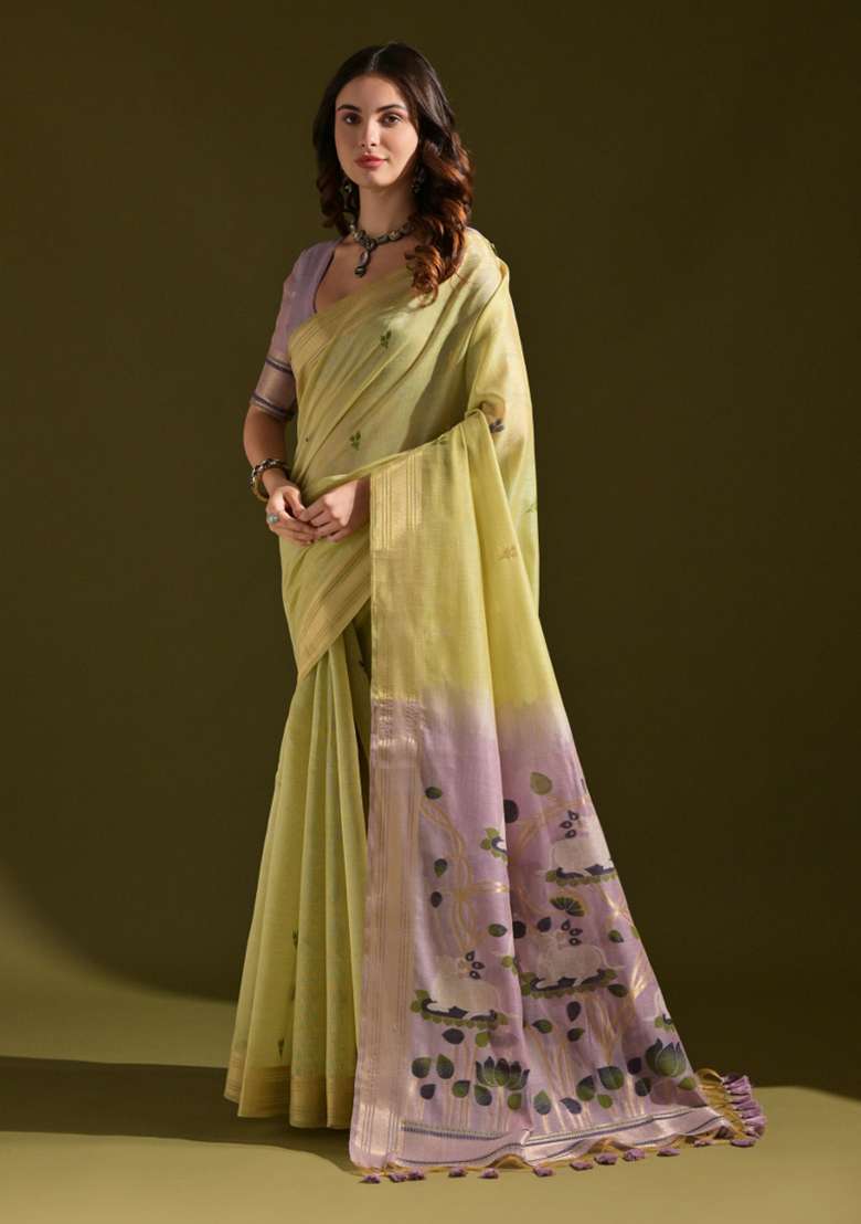 Green Embroidered Cotton Saree Set for Diwali and Festive Wear - Indya