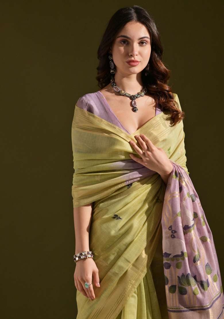 Green Embroidered Cotton Saree Set for Diwali and Festive Wear - Indya