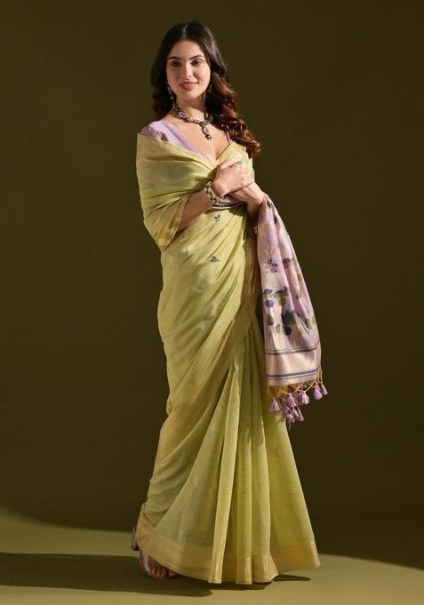 Green Embroidered Cotton Saree Set
