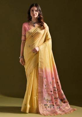 Yellow Embroidered Cotton Saree Set