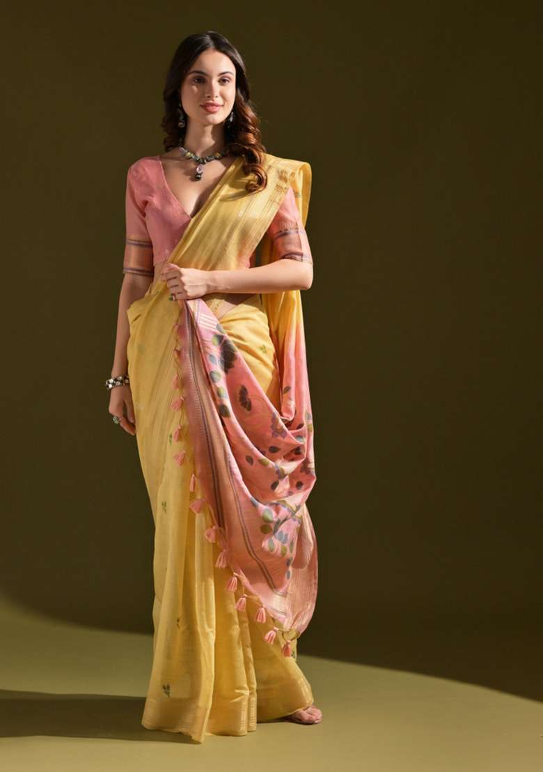 Yellow Cotton Saree Set with Embroidered for Diwali | Wedding & Festive Wear - Indya